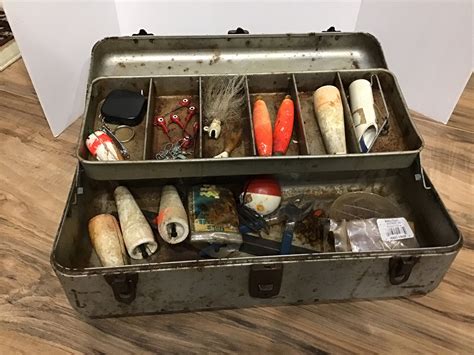 vintage metal tackle boxes|old tackle box with lures.